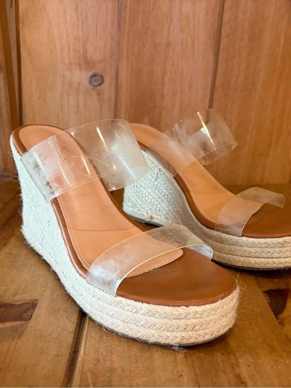 Clear Double-Strap Espadrille Wedge Sandals - Tan